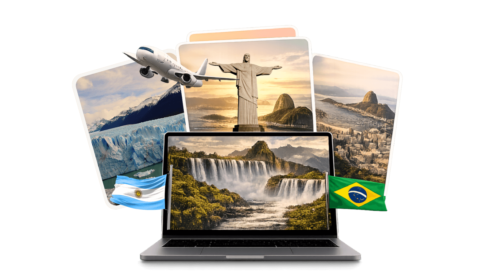 Laptop con polaroids de Iguazú, Cristo Redentor, Río y un avión